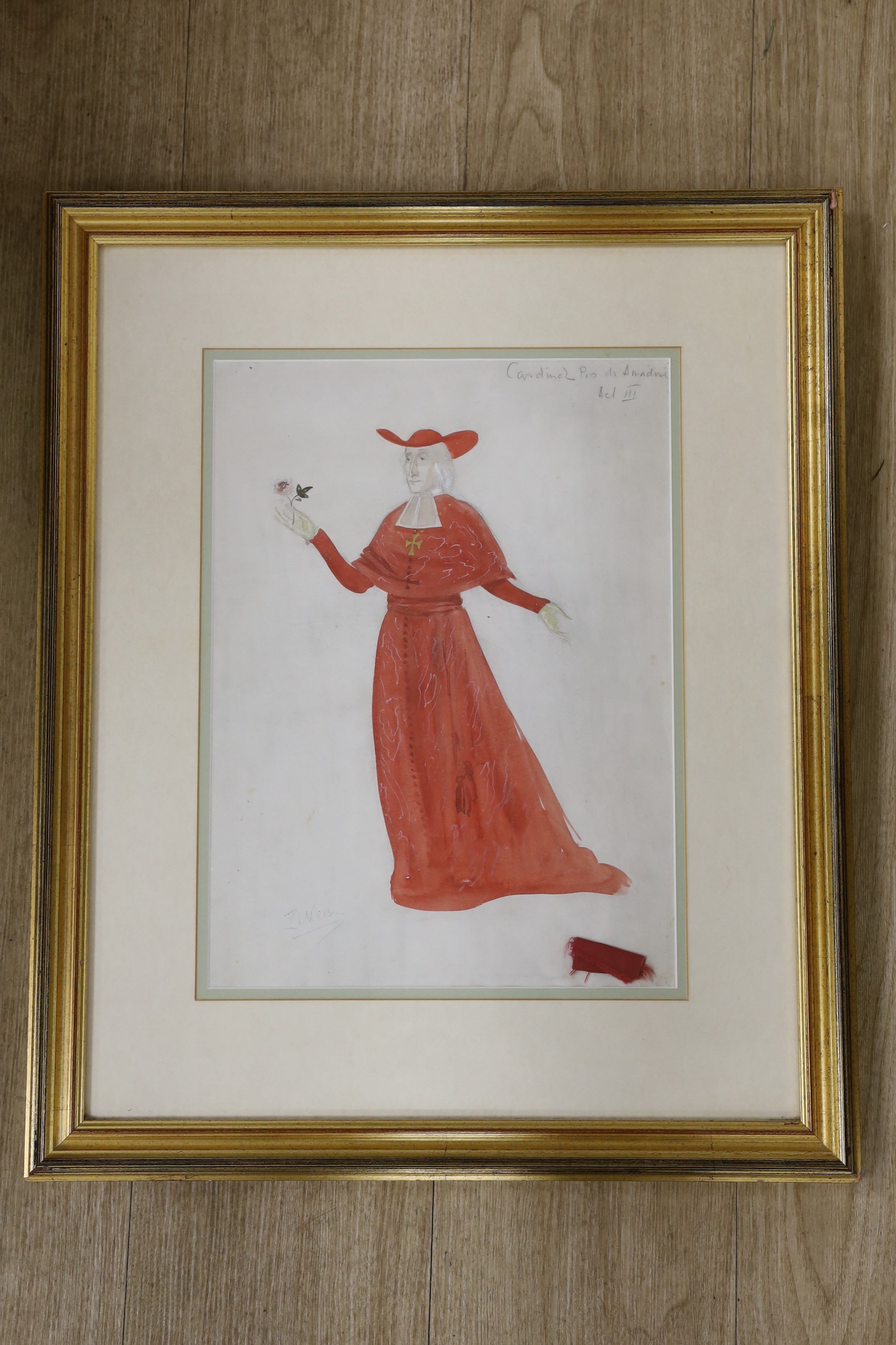 Doris Zinkeisen (1898-1991), pencil and watercolour, Costume design for Cardinal Pio di Amadori in The Little Glass Clock, Aldwych Theatre 1954, signed, 38 x 28cm